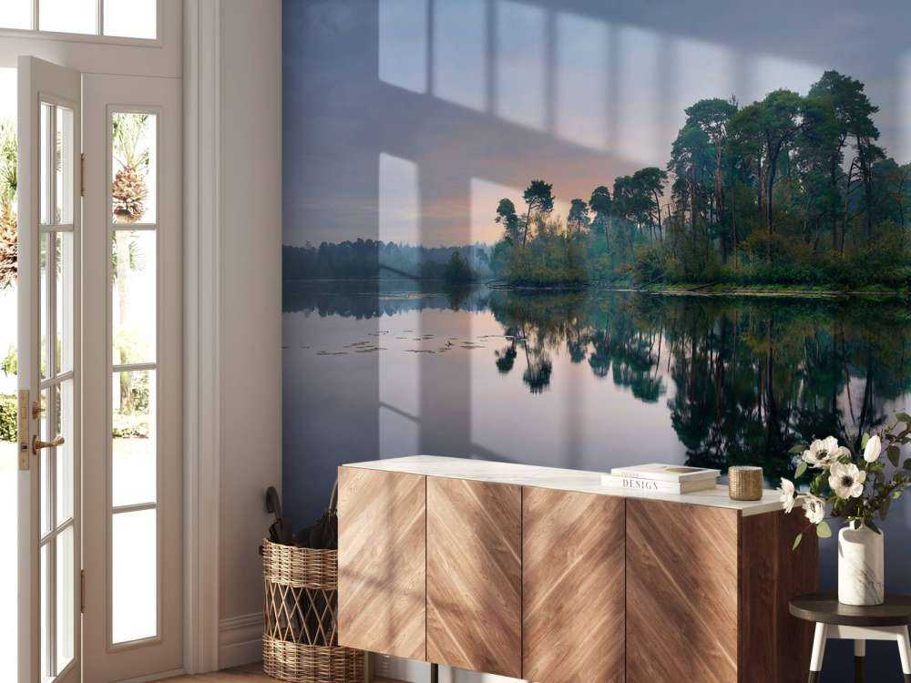 Reflets de la forêt dans l'eau au soleil levant