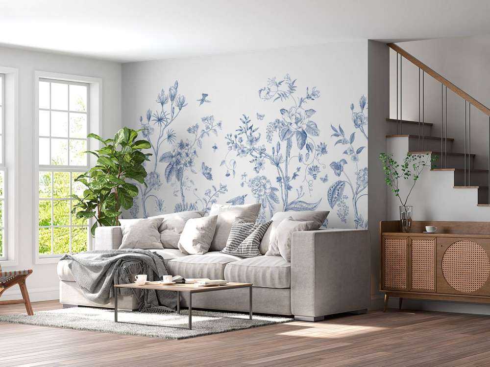 Illustration florale, bleu et blanc