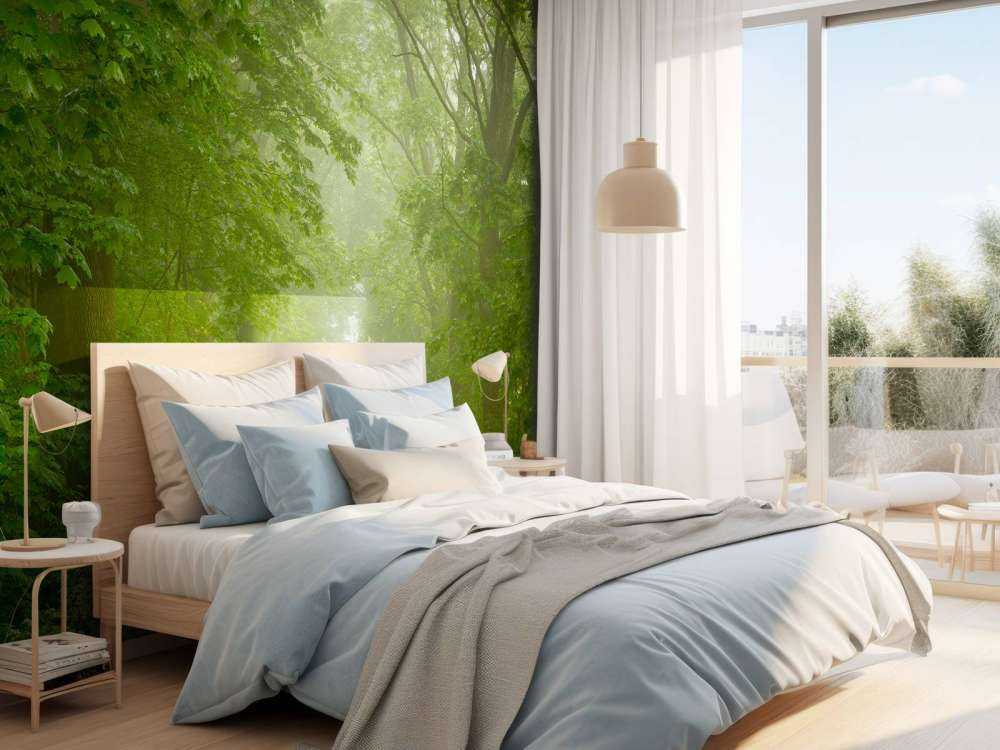 Forêt verte avec chemin brumeux