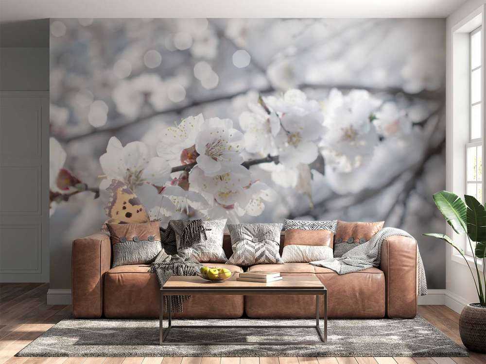 Papillon et fleurs blanches