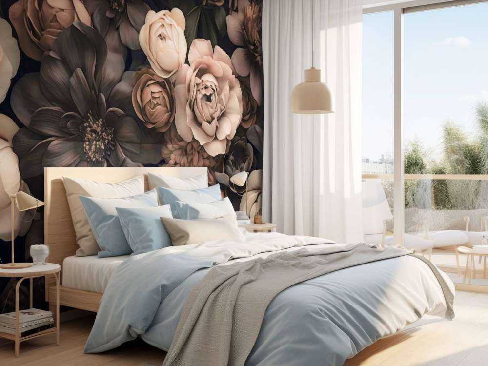 Fleurs baroques opulentes, art botanique sombre, blush et brun