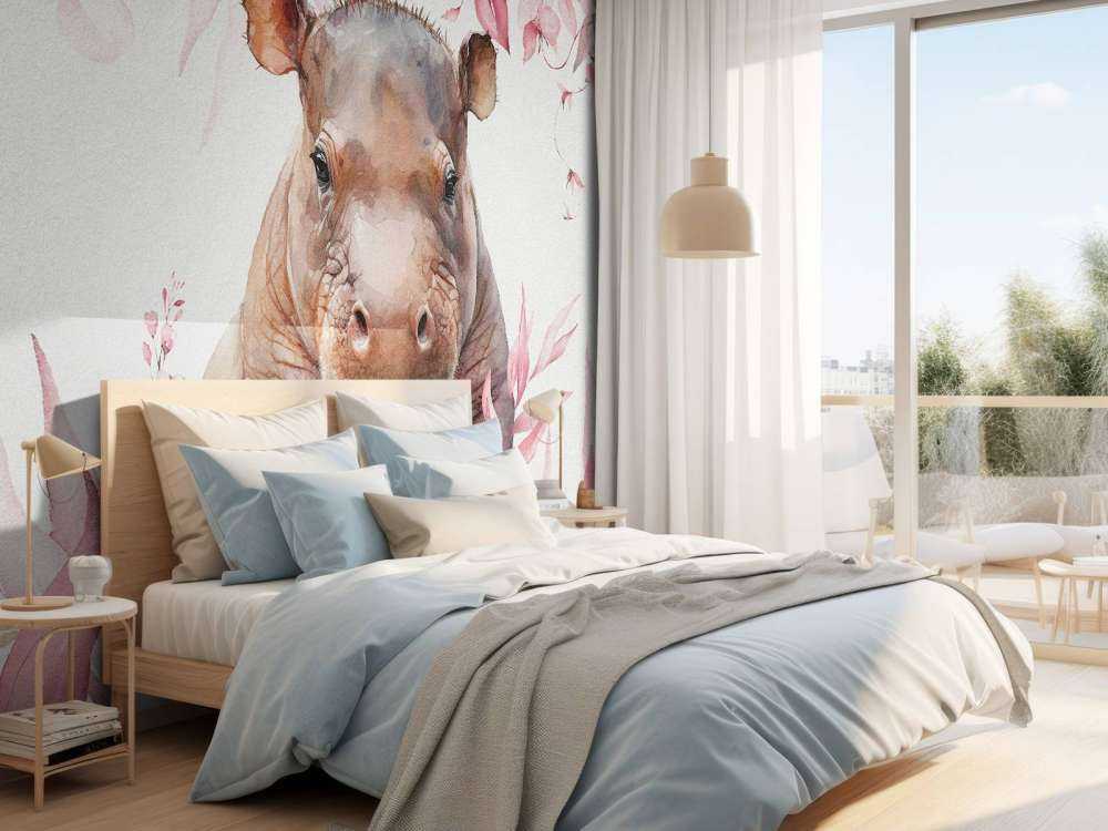 Bébé hippopotame dans les feuilles rose