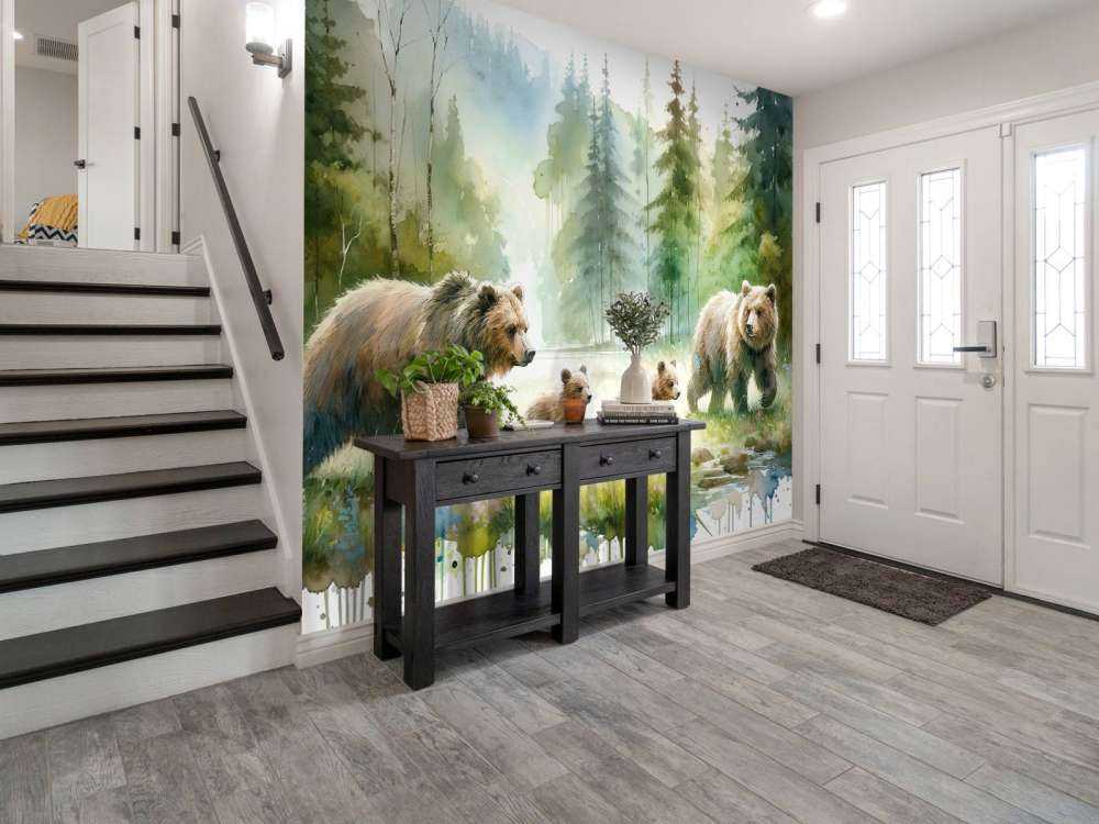 Watercolor Bear Family In The Forest