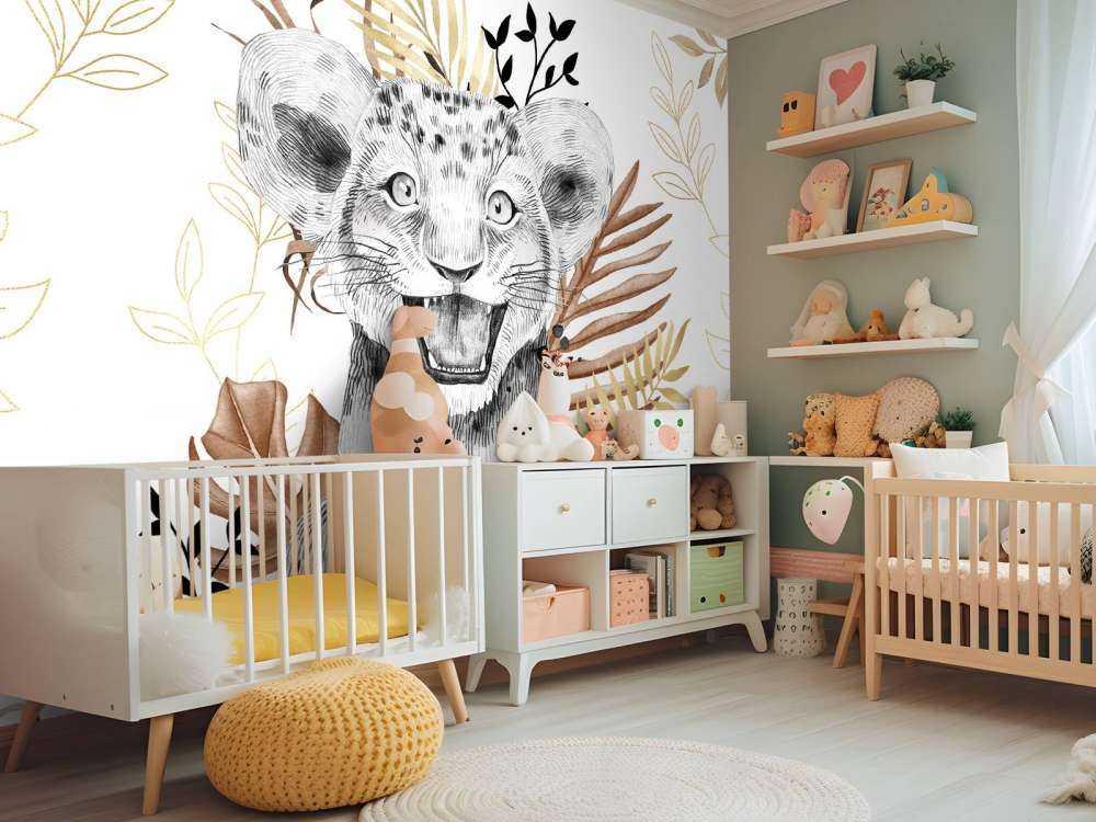 Bébé lion feuillage marron et or