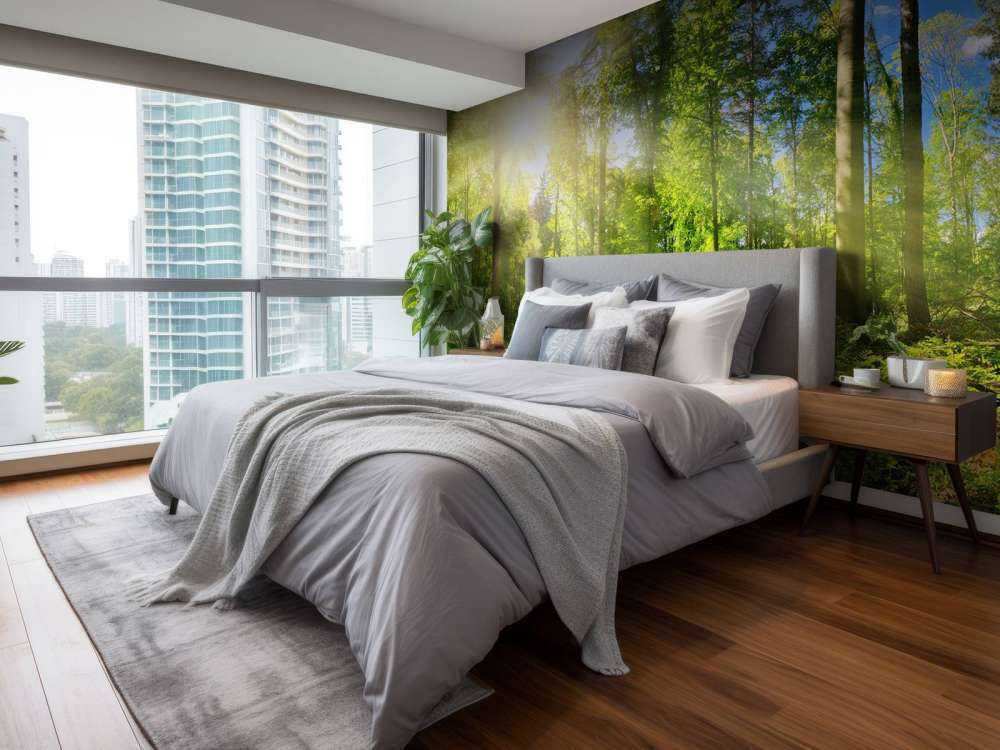 Une forêt avec des rayons de soleil