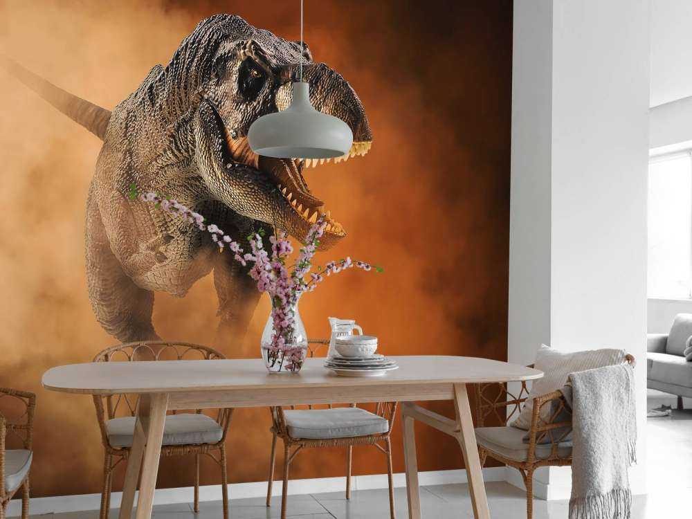 Tyrannosaure marchant dans la fumée