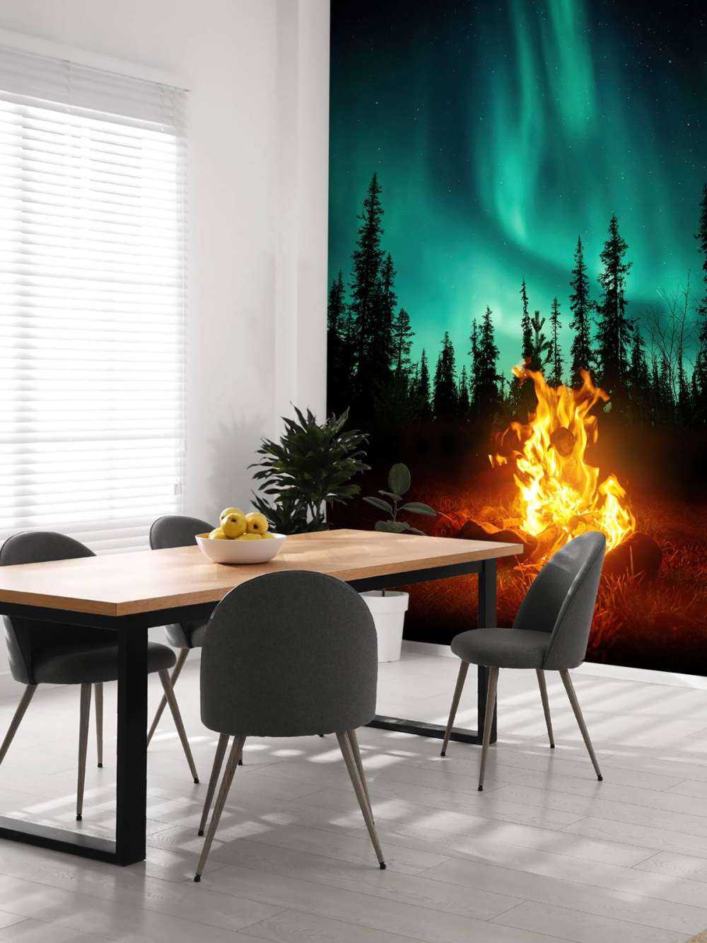 Feu de camp sous les aurores boréales