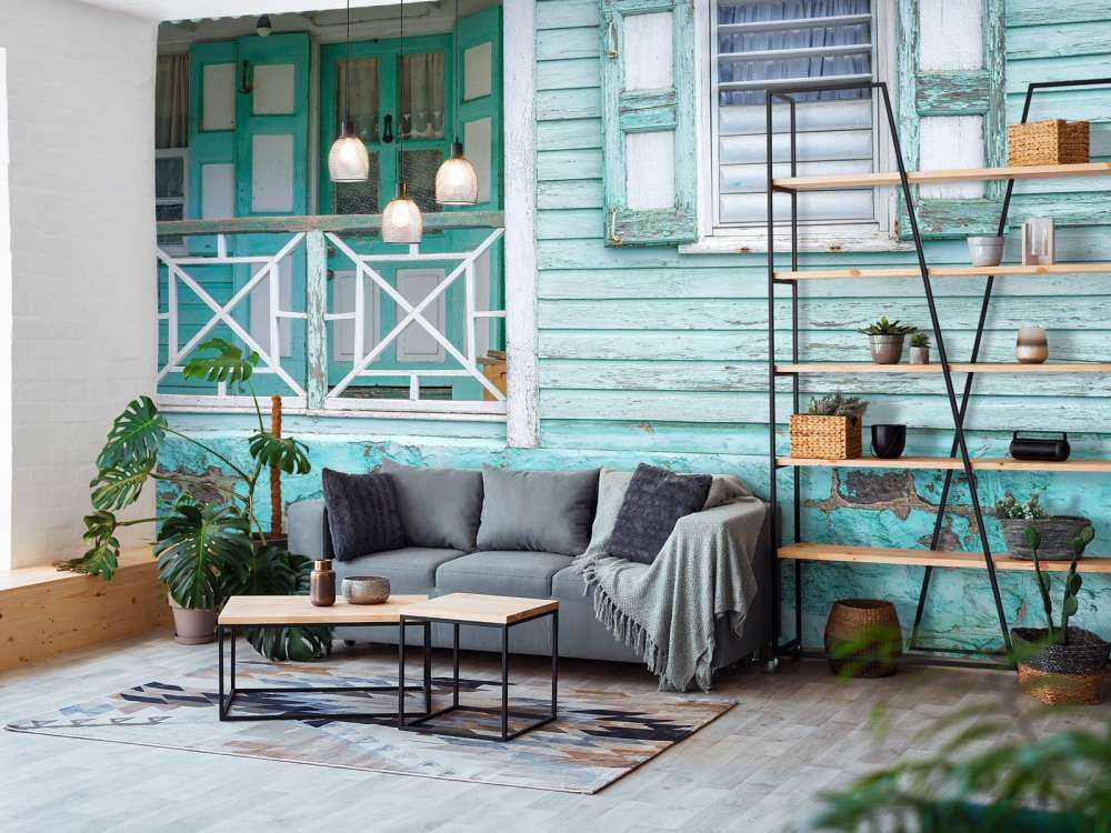 façade de maison en bois turquoise