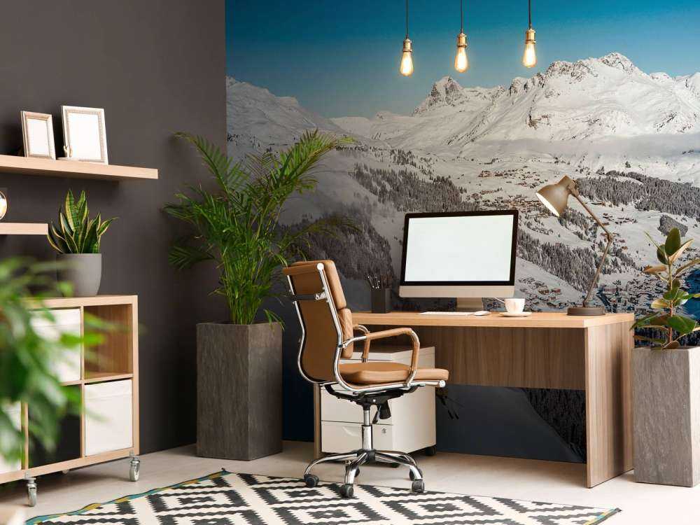 Descente au-dessus du village alpin dans la neige.