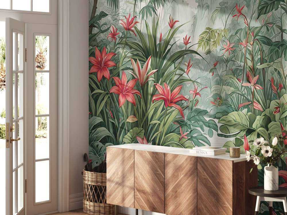 Forêt tropicale de lys dans la brume du matin