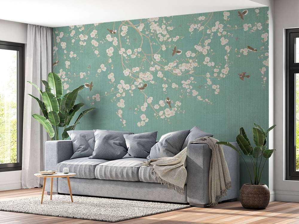 Brindilles en fleurs et moineaux volants