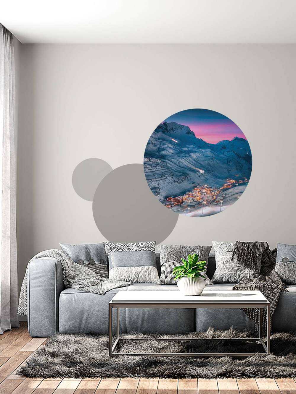 Village enneigé sous un ciel du soir violet