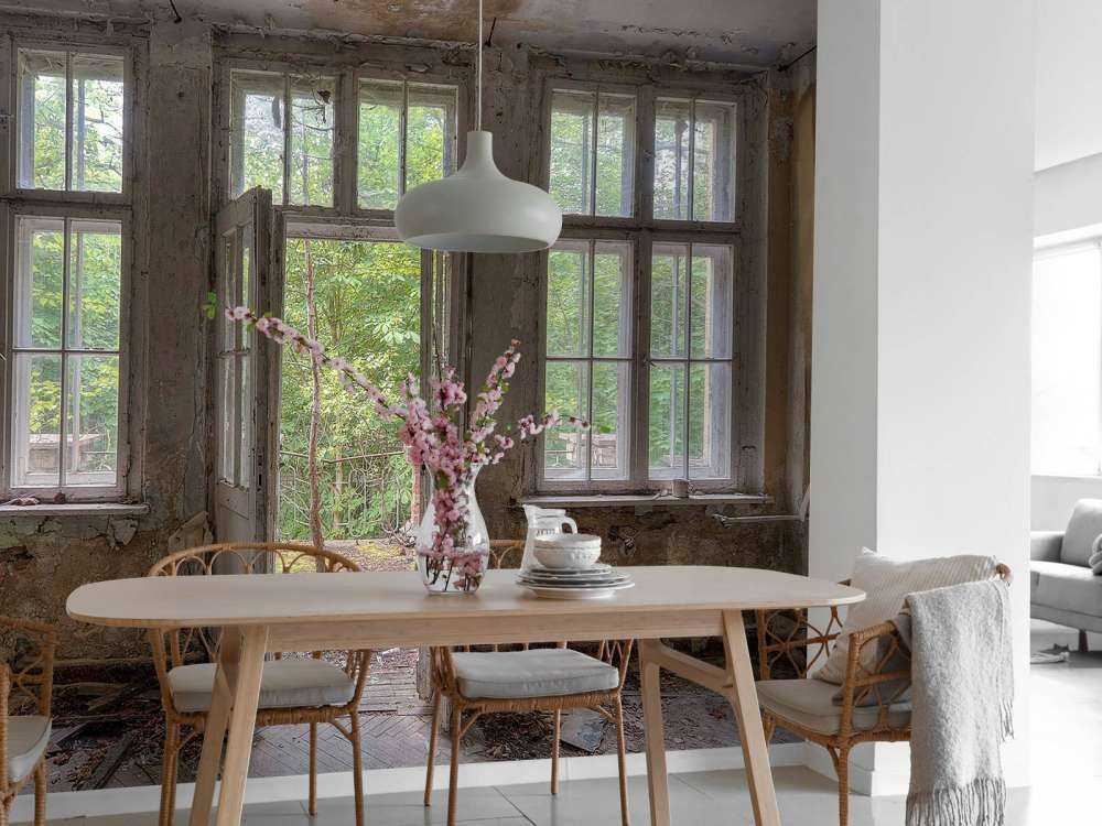 Chambre vieillie avec vue sur la forêt
