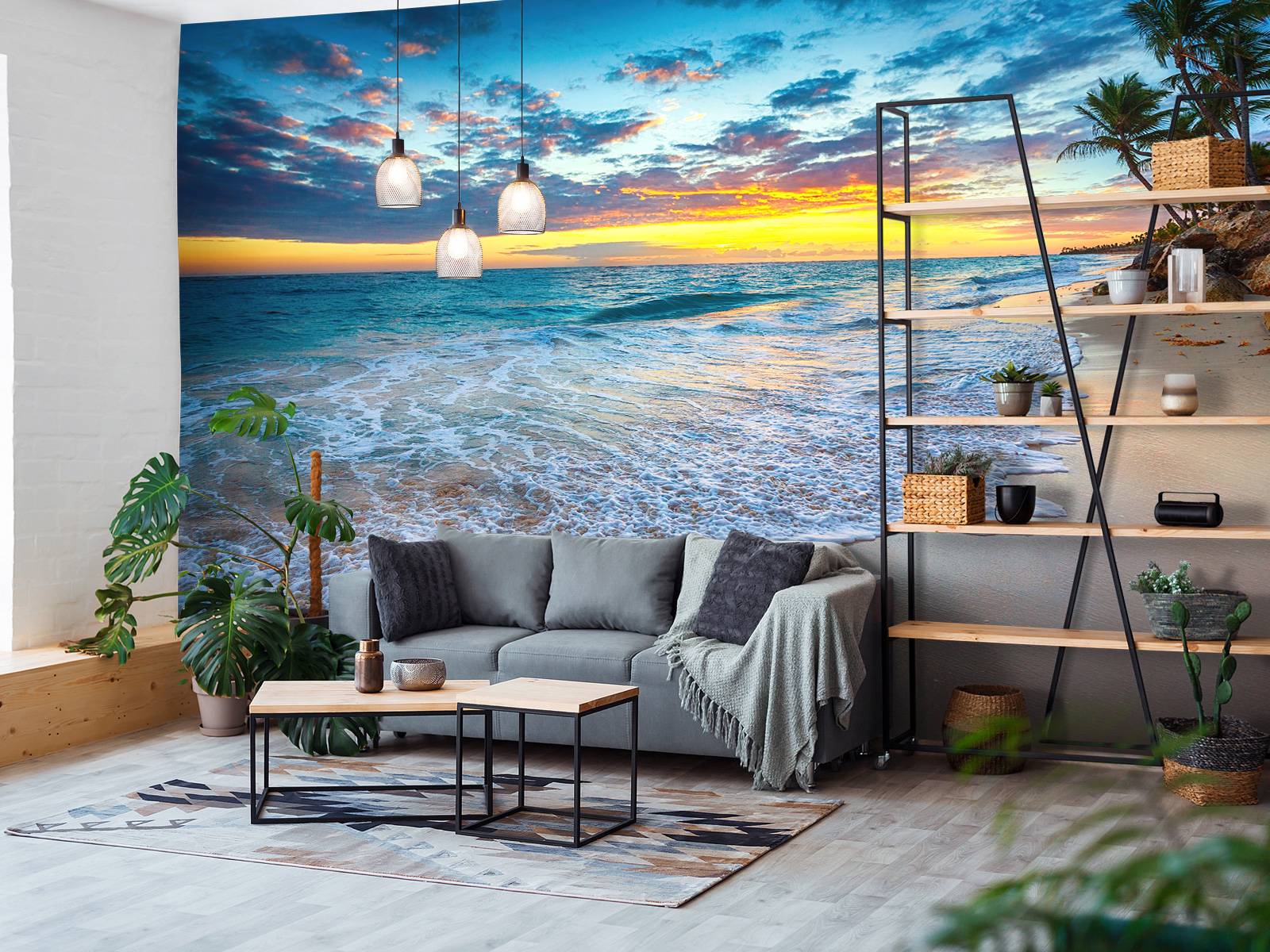 Papier Peint Adhésif 3D Vague Mer Plage Coucher De Soleil - Design R621, Noir Et Blanc, Autocollant, Neuf