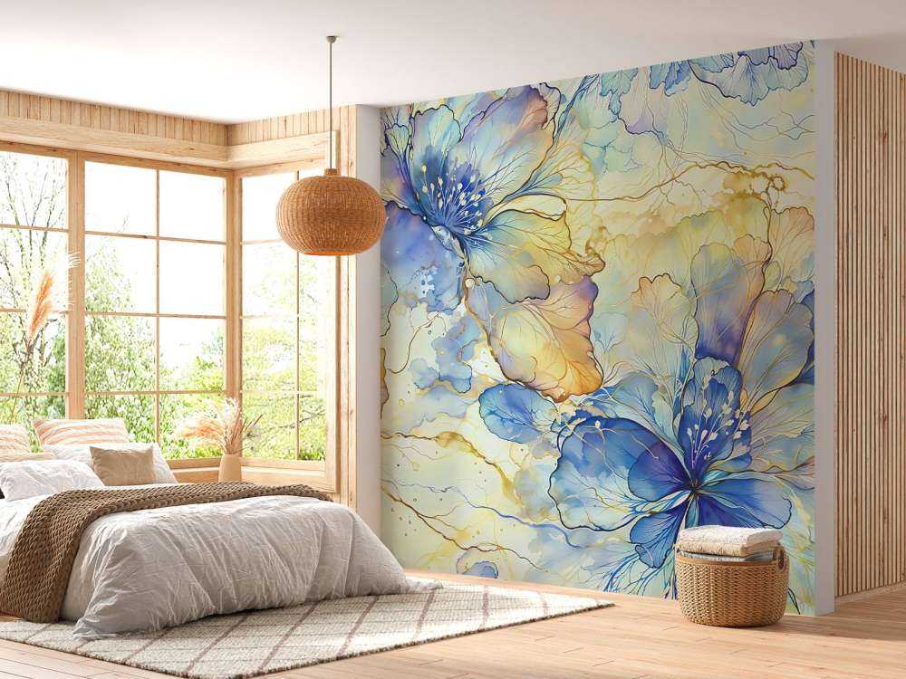 Fleurs en aquarelle en bleu et or