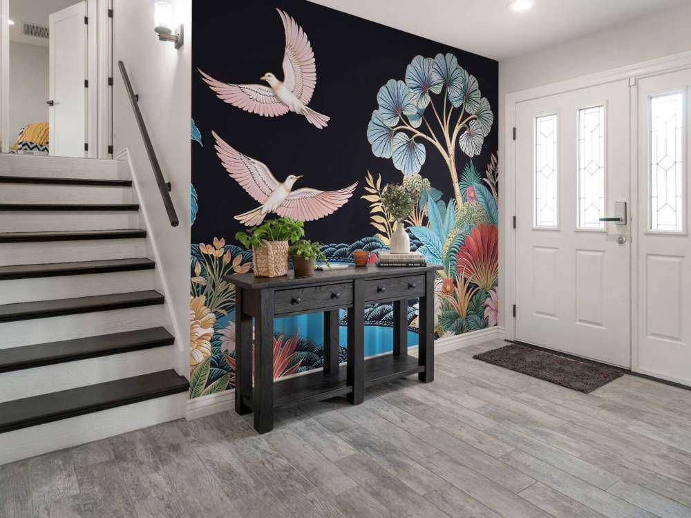 Paysage tropical avec des oiseaux blancs