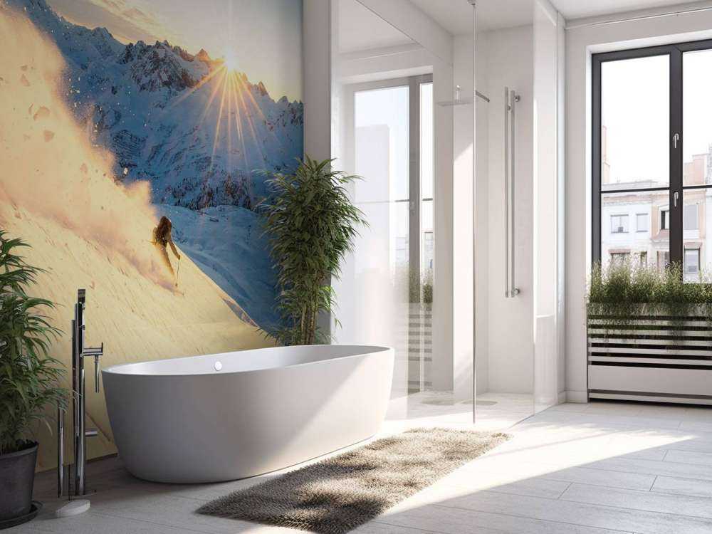 Skier dans un panorama alpin ensoleillé.