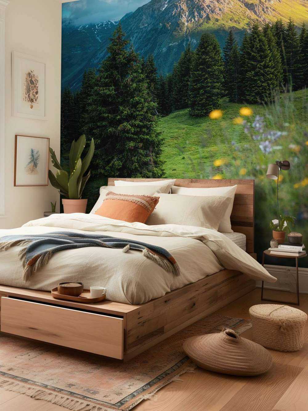 Prairie de montagne dans la brume du matin.