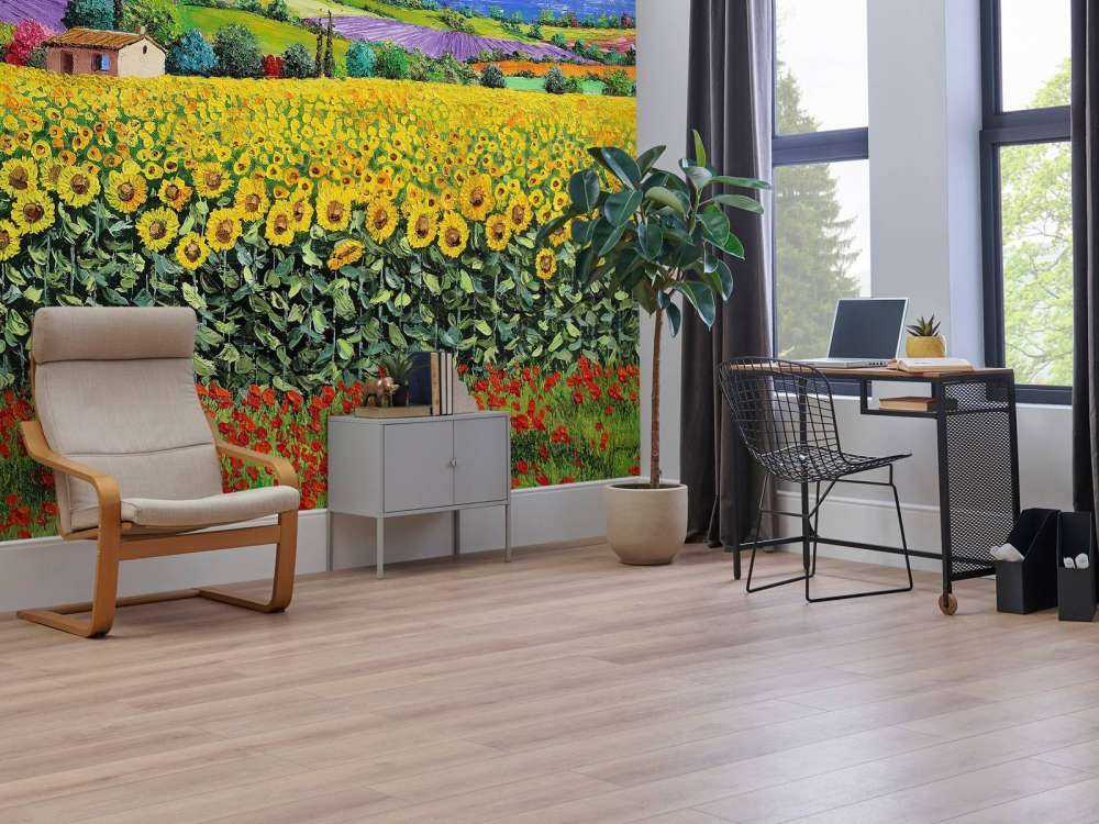 sunflowers, lavender, and sea