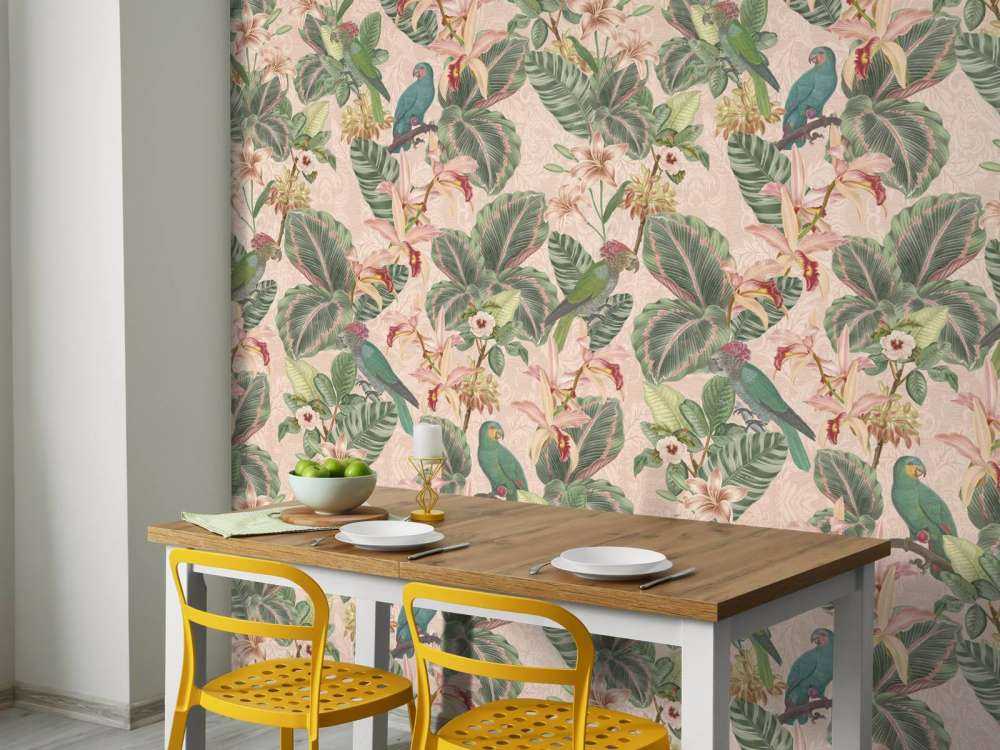 Oiseaux et perroquets de la jungle tropicale - rose tendre