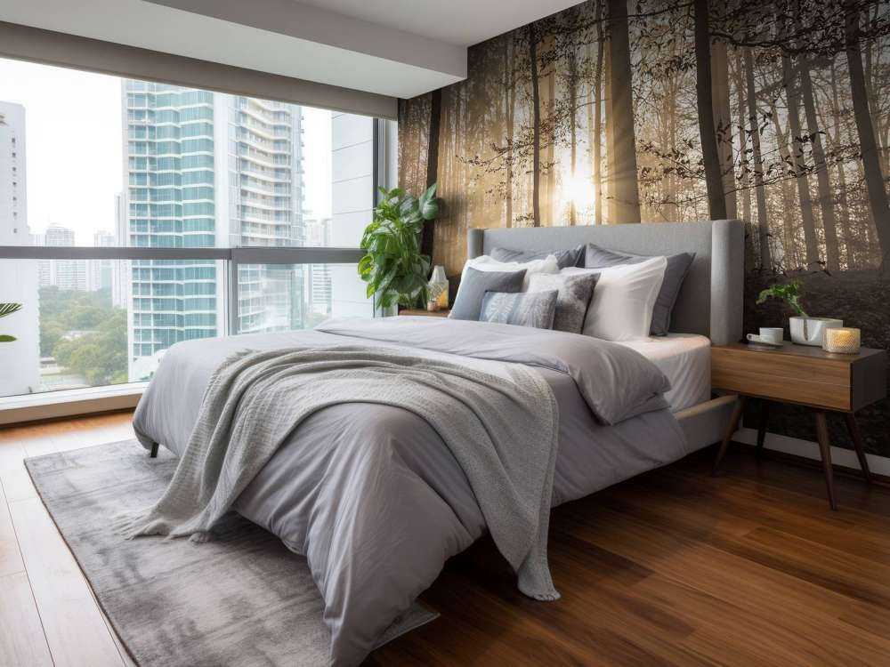 Soleil dans une forêt brumeuse