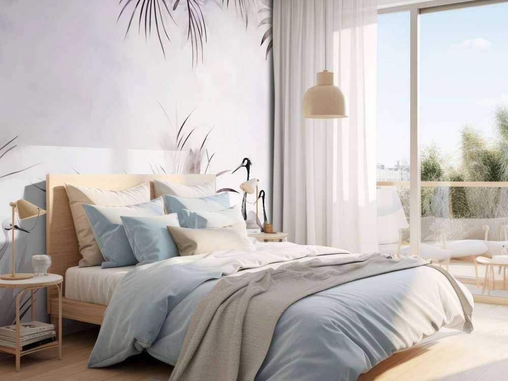 Grues dans le champ blanc