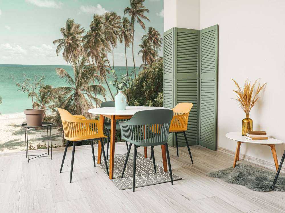 Papier peint panoramique - Plage tropicale avec des palmiers ondoyants ...
