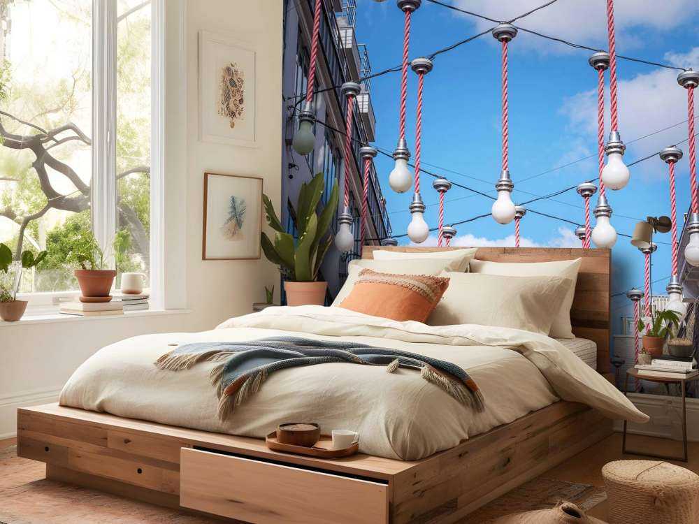 Ampoules lumineuses suspendues le long des bâtiments pour les décorations de Noël, Londres.