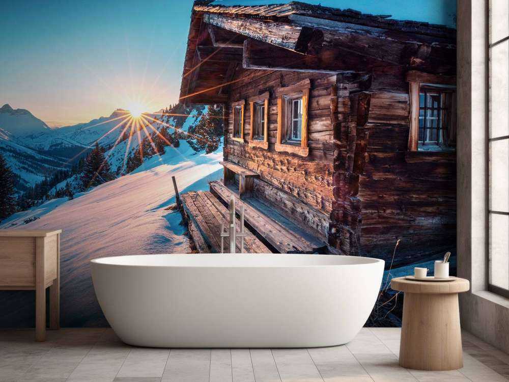 Ciel du matin près d'une cabane alpine en bois.