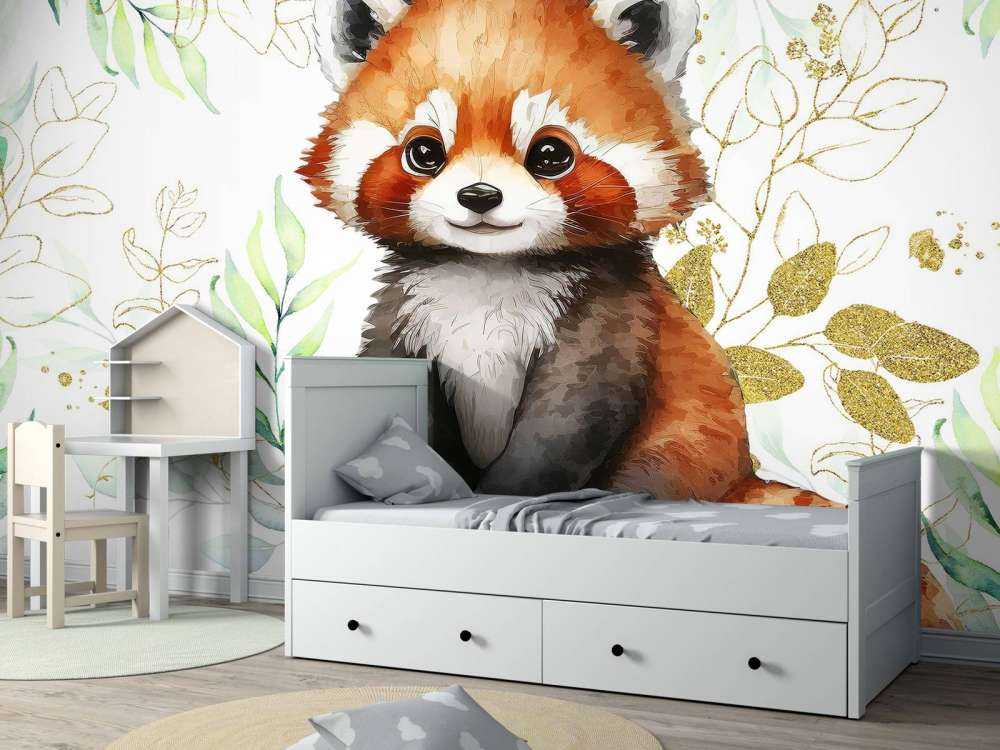 Panda rouge mignon et feuilles