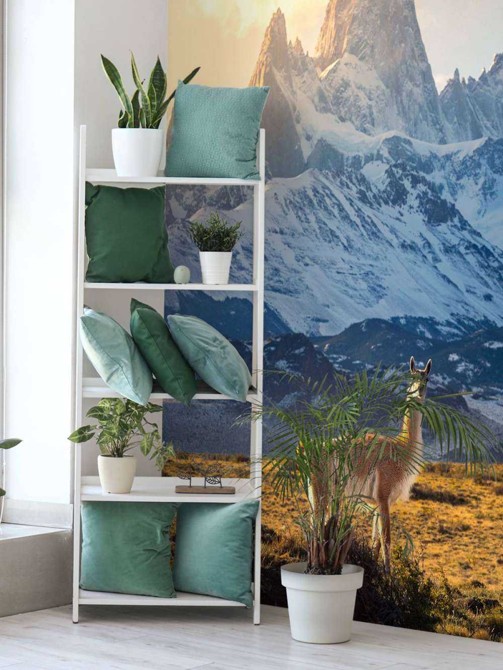 Guanaco en pleine lumière devant les sommets des Andes.