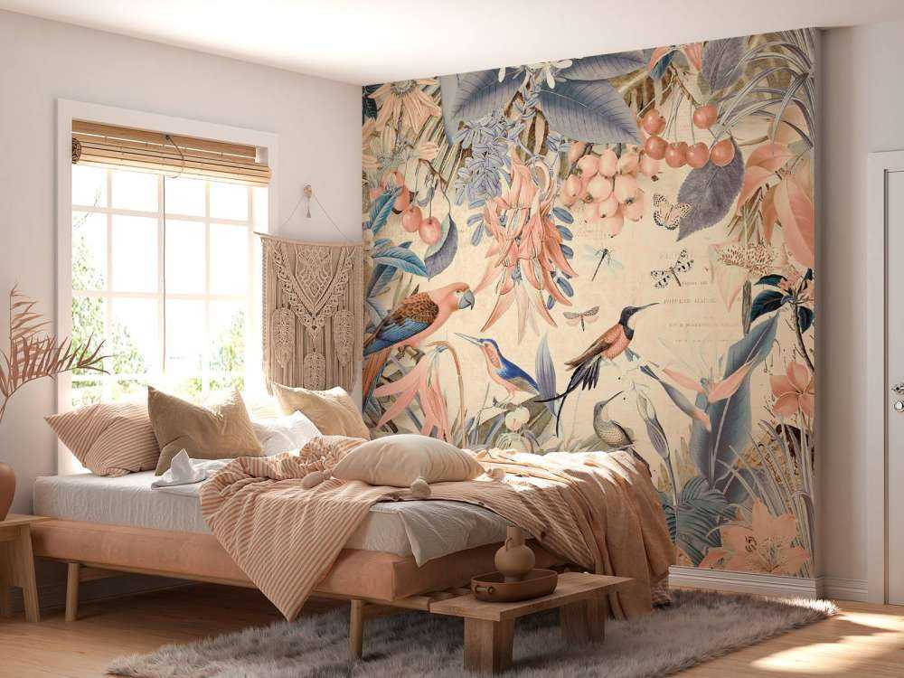 Perroquets tropicaux, jardin jungle pastel