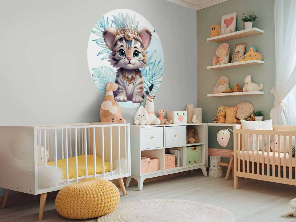 Bébé tigre et feuille bleu