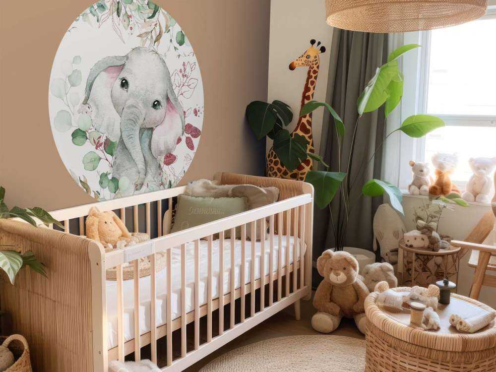 Bébé éléphant feuillage menthe et rose