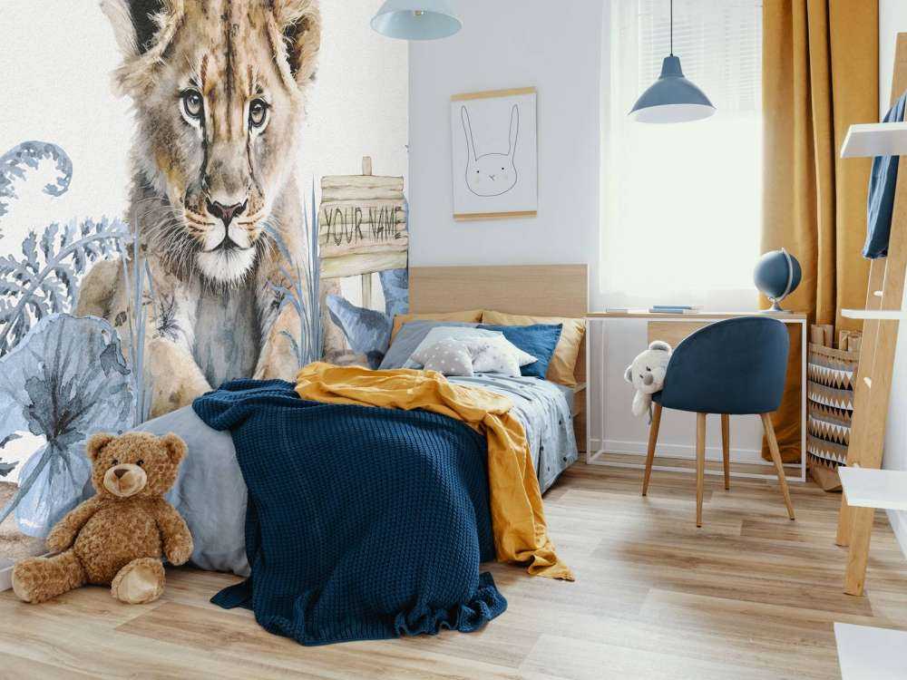 Bébé lion dans la jungle bleu