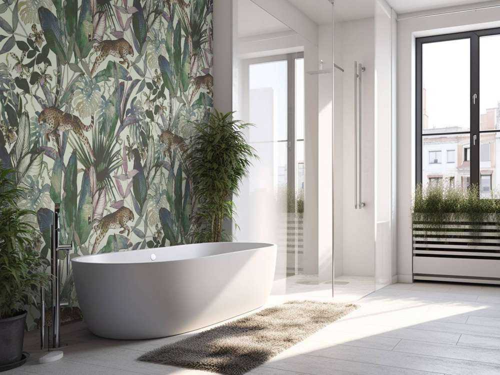 Guépard entre les feuilles tropicales