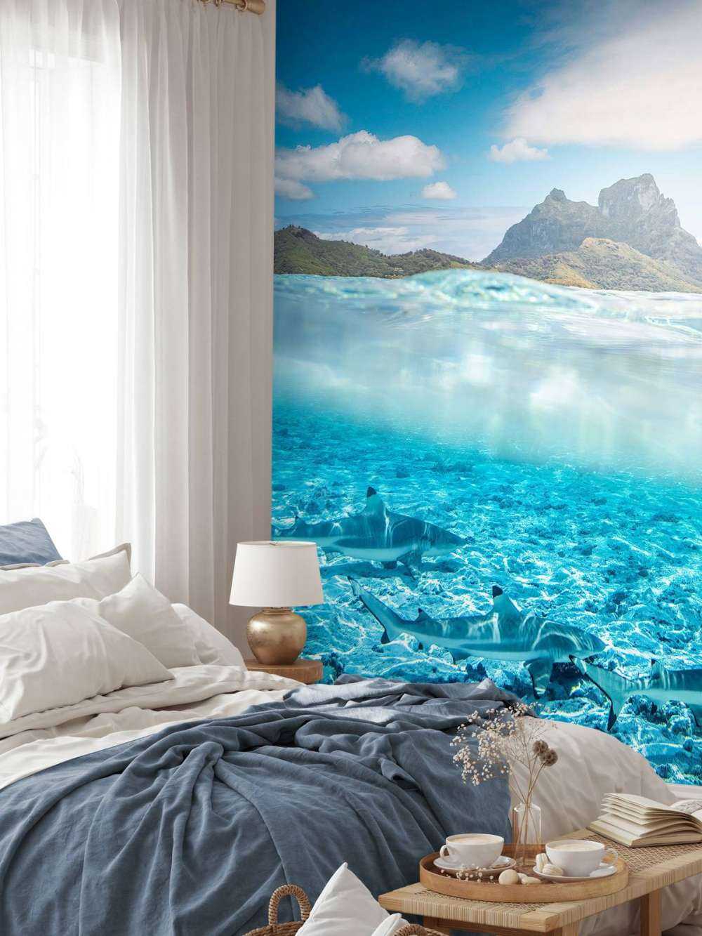 Requins de récif dans la lagune turquoise.