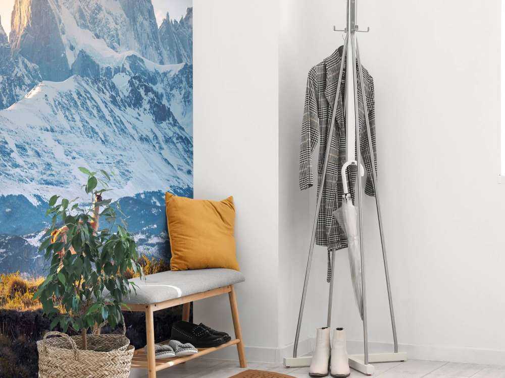 Guanaco près de sommets enneigés.