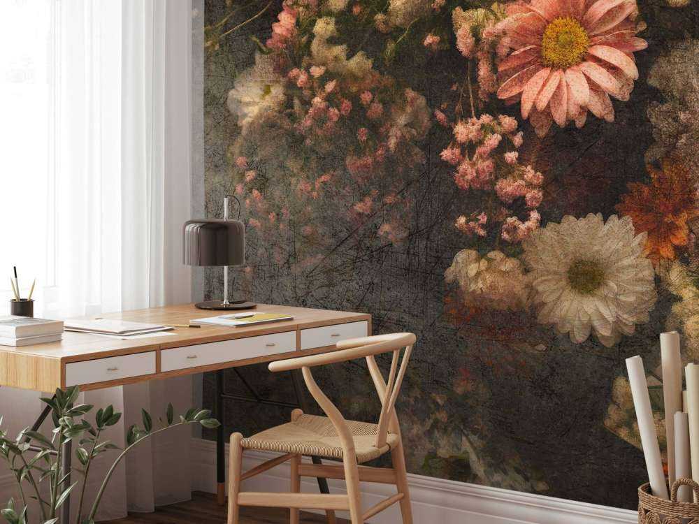 Champ de fleurs en huile vieillie