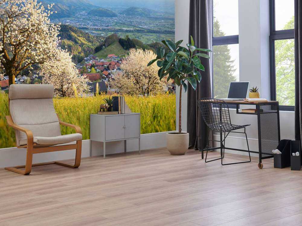 Collines de fleurs avec vue sur les Alpes.