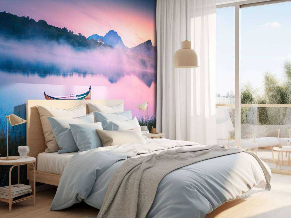 Lever de soleil brumeux au lac