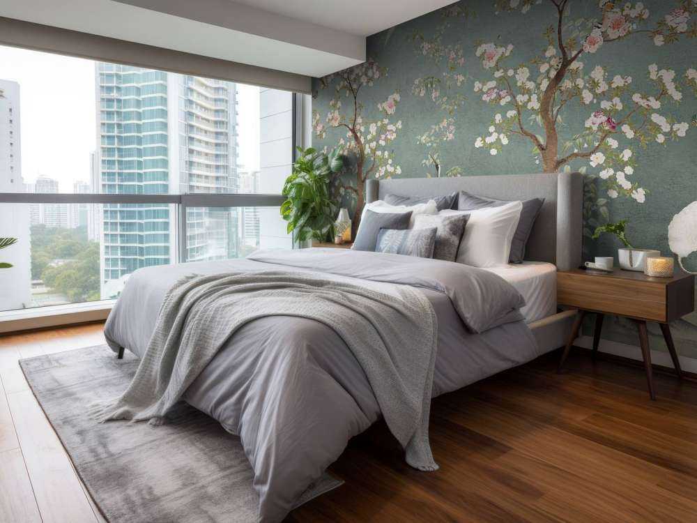 Arbres en fleurs avec des grues dans un jardin serein