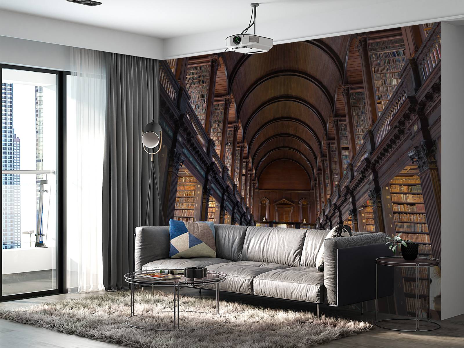 Salle de livres classiques avec des arcs