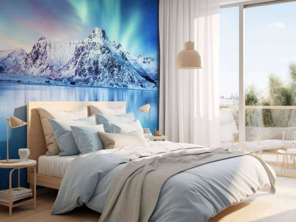 Des aurores boréales au-dessus d'un océan et de montagnes gelés