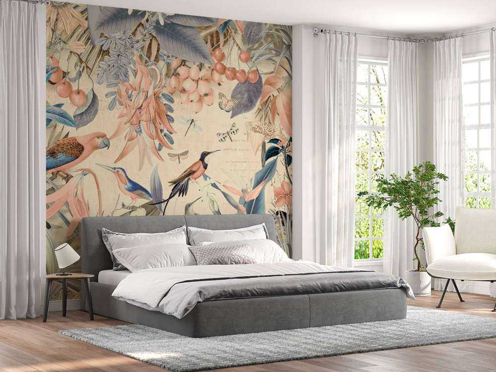 Perroquets tropicaux, jardin jungle pastel