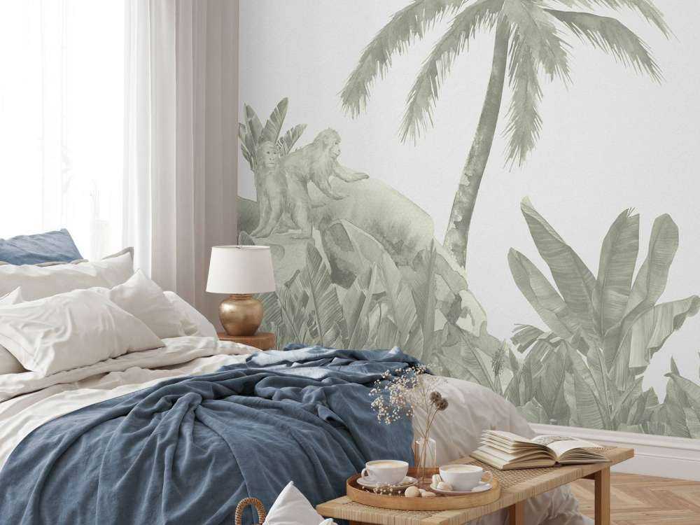 Singes et flamants roses en vert d'eau