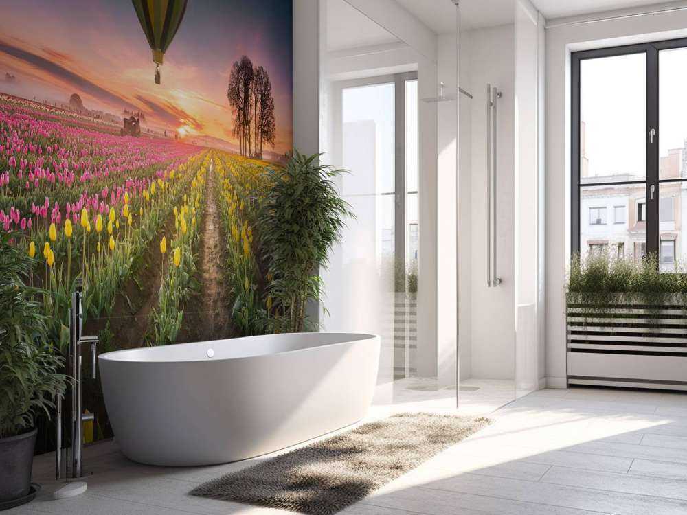 Champ de tulipes jaunes et roses