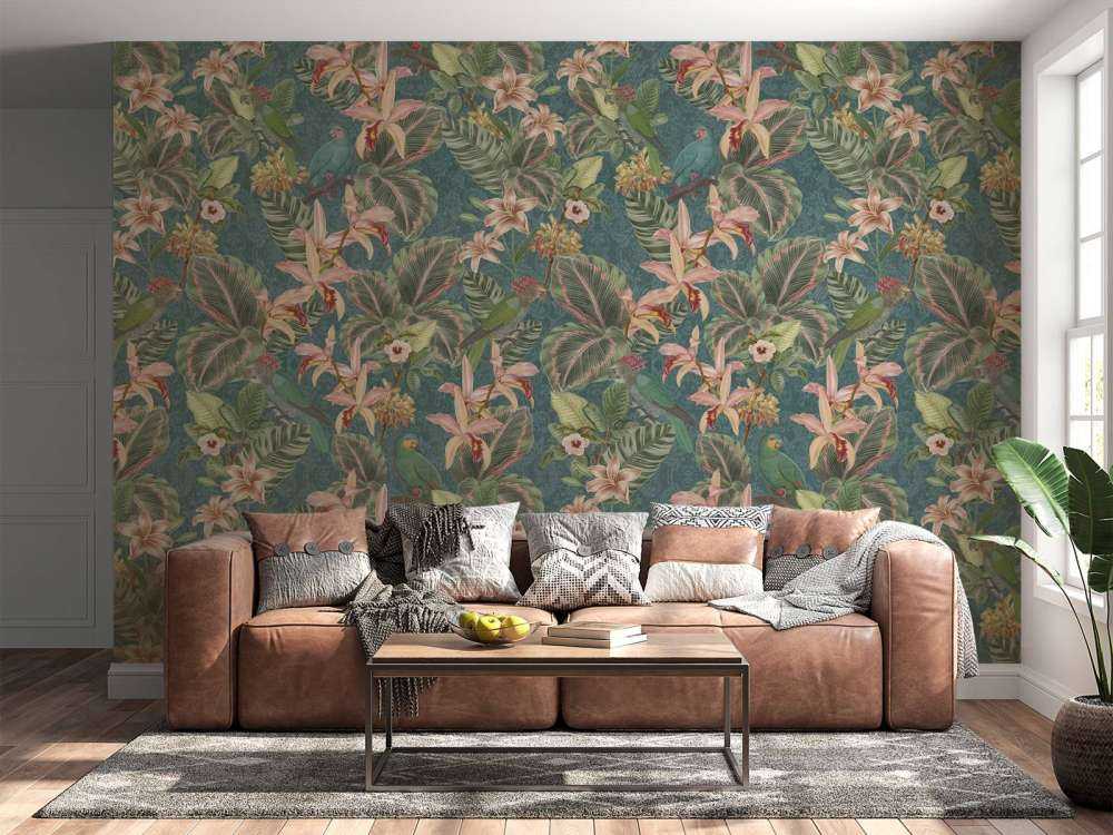 Oiseaux & perroquets de la jungle tropicale - turquoise