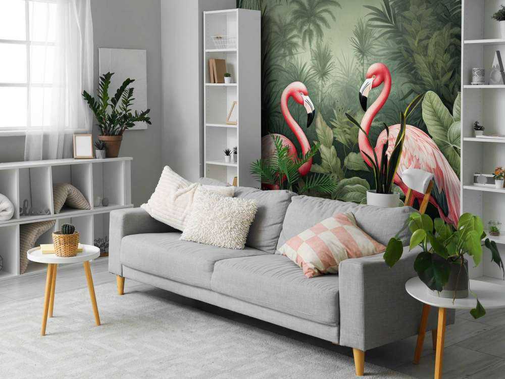 Oasis florale de flamants roses