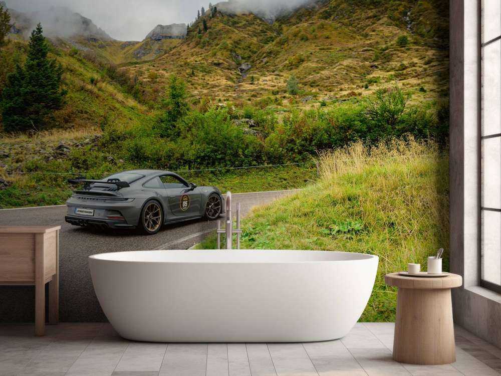 Voiture de sport dans le brouillard de montagne